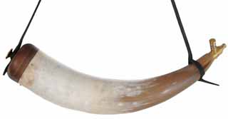 Powder Horn, 
10"-13" length, 
brass valve with 100 grain spout Powder Horn, 
10"-13" length, 
brass valve with 100 grain spout